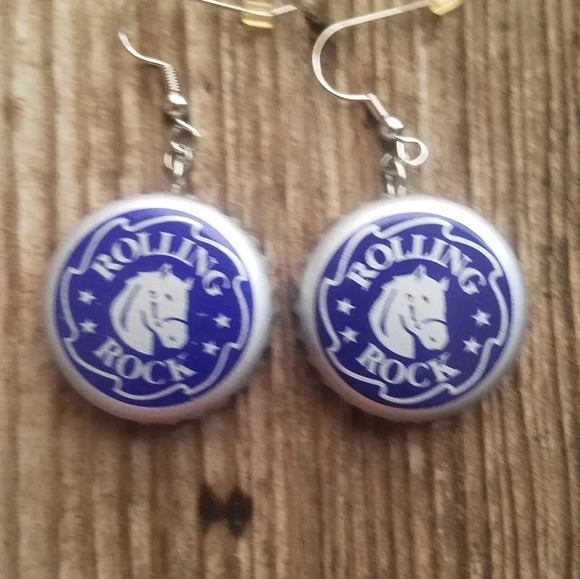 Rolling Rock Bottle Cap Earrings - Picture 1 of 1